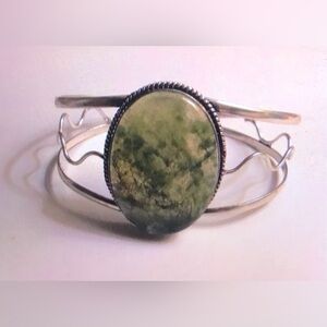 Moss Agate Stamped 925 Sterling Silver Cuff Bracelet